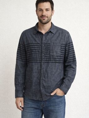 Route 66 Men's Dark Blue Striped Casual Button-Down Shirt